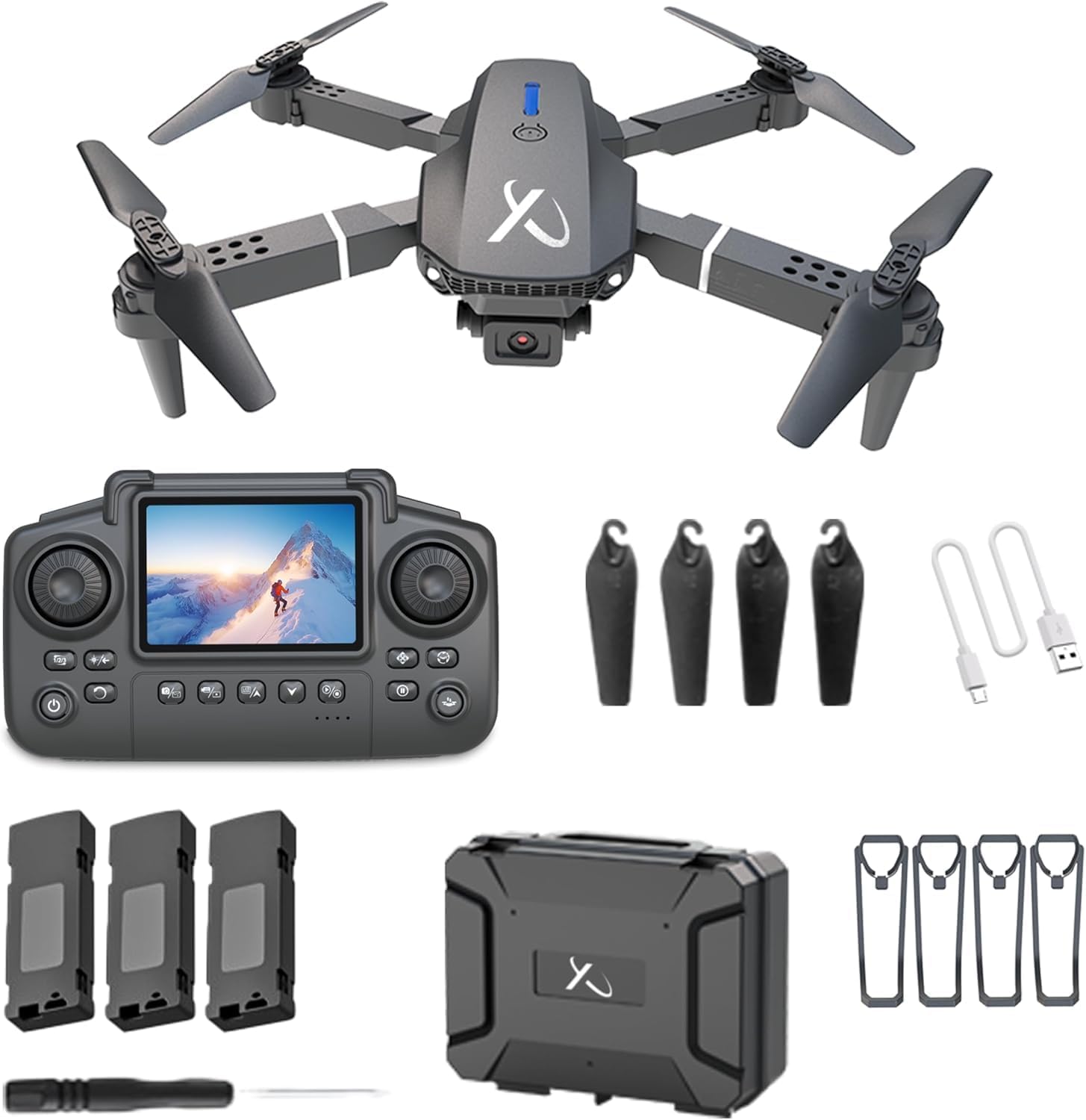Falcon X 4K Drone with Built-in Screen Remote, Foldable FPV Quadcopter with Wide-Angle Camera, 3 Batteries & Case, Easy-to-Fly Drone for Beginners