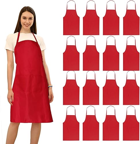 Paquete de 16 delantales lisos con peto rojo a granel para mujeres, hombres y adultos, con 2 bolsillos, para cocinar, cocina, pintura, hornear,