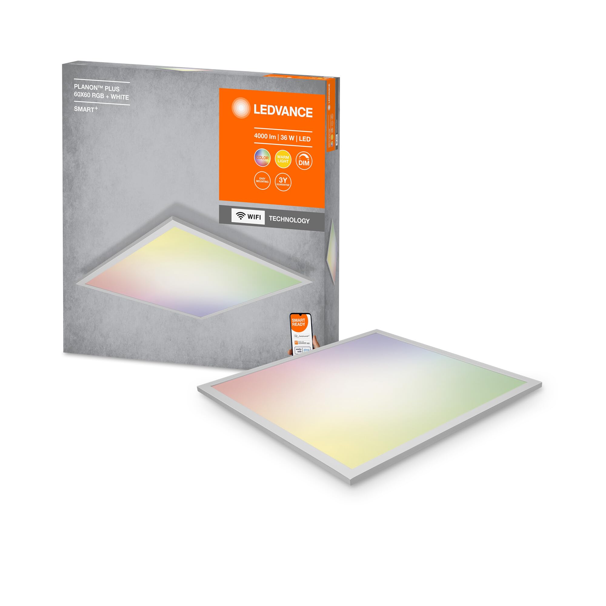 Ledvance Smarte LED Panel Leuchte mit WiFi Technologie für Innen, Lichtfarbe änderbar (3000-6500K), RGB Farben änderbar, 600mm x 600mm, Kompatibel mit Google und Alexa, SMART+ PLANON PLUS MULTICOLOR