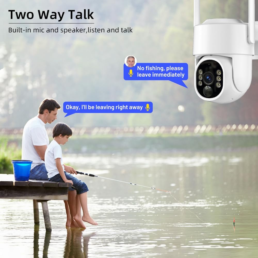 Illustration of two-way talk feature with a camera and people by a lake