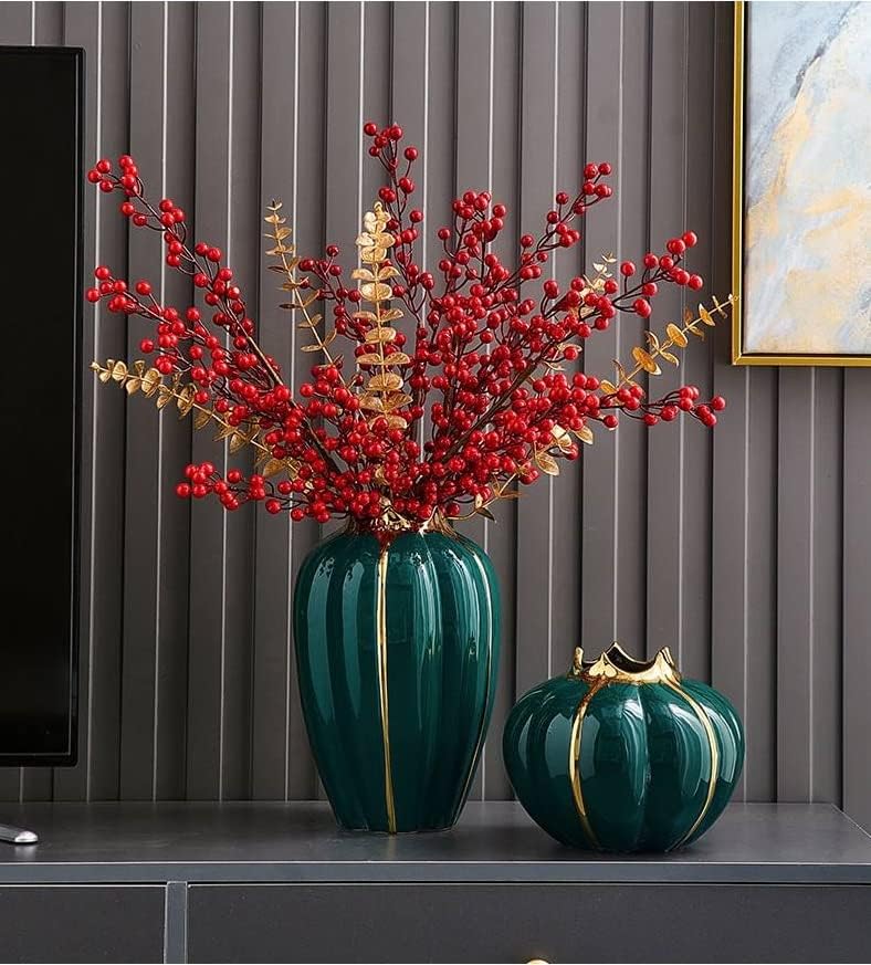 Miniatura 4 de WhaleCreation - Jarrón de cerámica de estilo contemporáneo chapado en oro estilo calabaza, decoración moderna del hogar (corto, verde) (PV001)