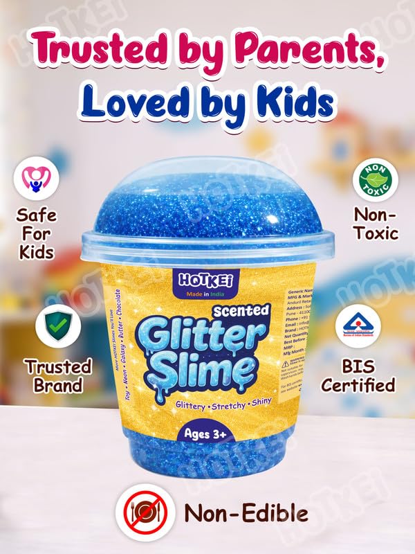 Image of HOTKEI Blue Glitter Slime for Kids 3 to 10 Years Super Stretchy, Soft & Smooth Premium Shiny Slime Non-Toxic Sparkle Fun Slimy Toy Birthday & Return Gift for Kids Boys and Girls
