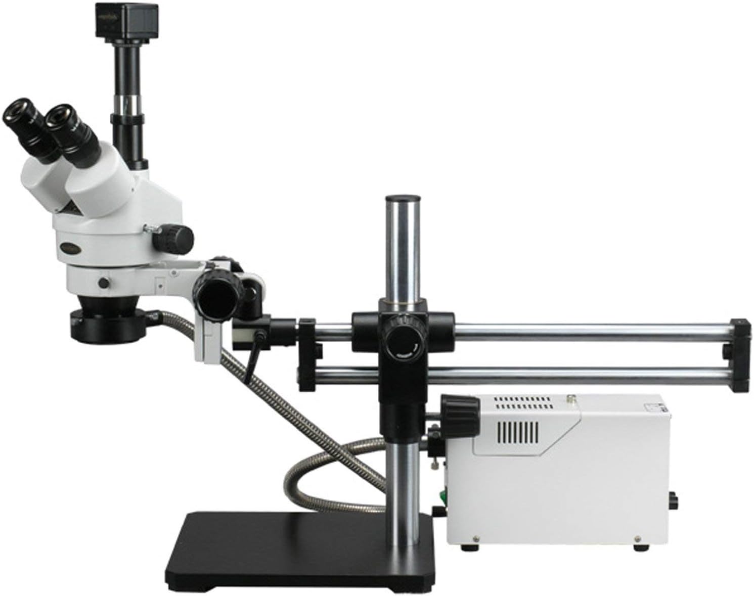 AmScope SM-5TZZ-FOR-3M Digital Professional Trinocular Stereo Zoom Microscope, WH10x and WH20x Eyepieces, 3.5X-180X Magnification, 0.7X-4.5X Zoom Objective, Fiber-Optic Ring Light, Ball-Bearing Double-Arm Boom Stand, 110V-120V, Includes 0.5X and 2.0X Barlow Lenses and 3MP Camera with Reduction Lens and Software