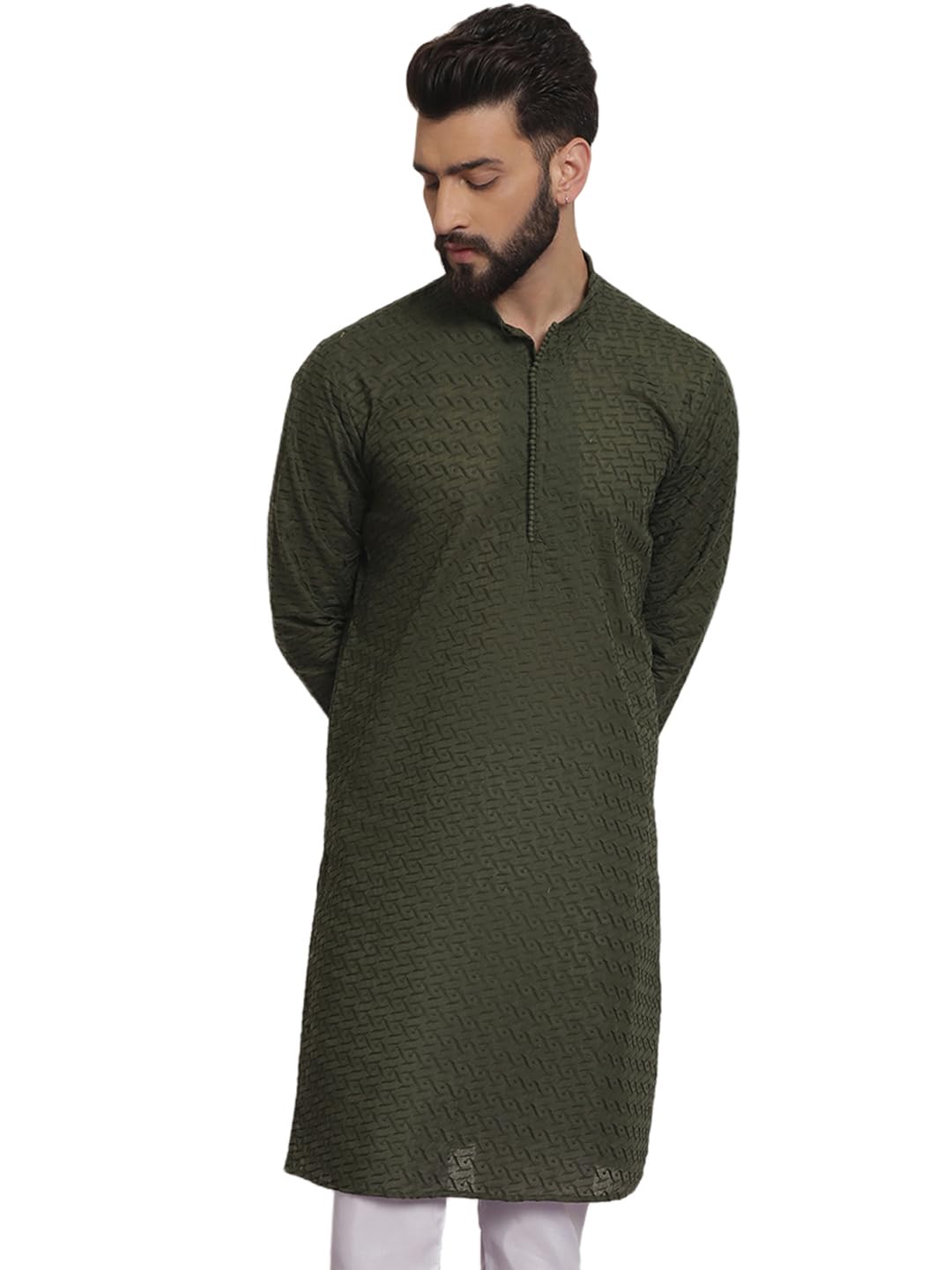 Sojanya (Since 1958 Ethnic Motifs Embroidered Thread Work Pure Cotton Dark Green Straight Only Kurta
