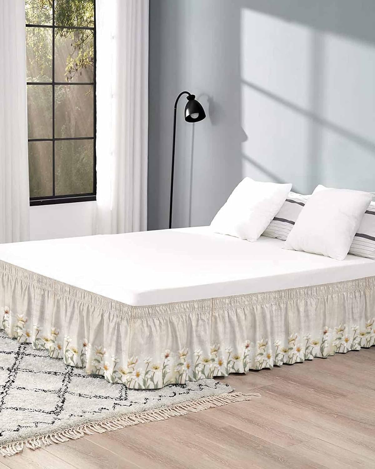 Elegant Flowers Bed Skirt King Size 16 Inch Drop, Adjustable & Elastic Wrap Around Bed Skirts Pleated Luxury Dust Ruffles for Twin Full Queen Cal King Base Bed, Vintage Country French Florals