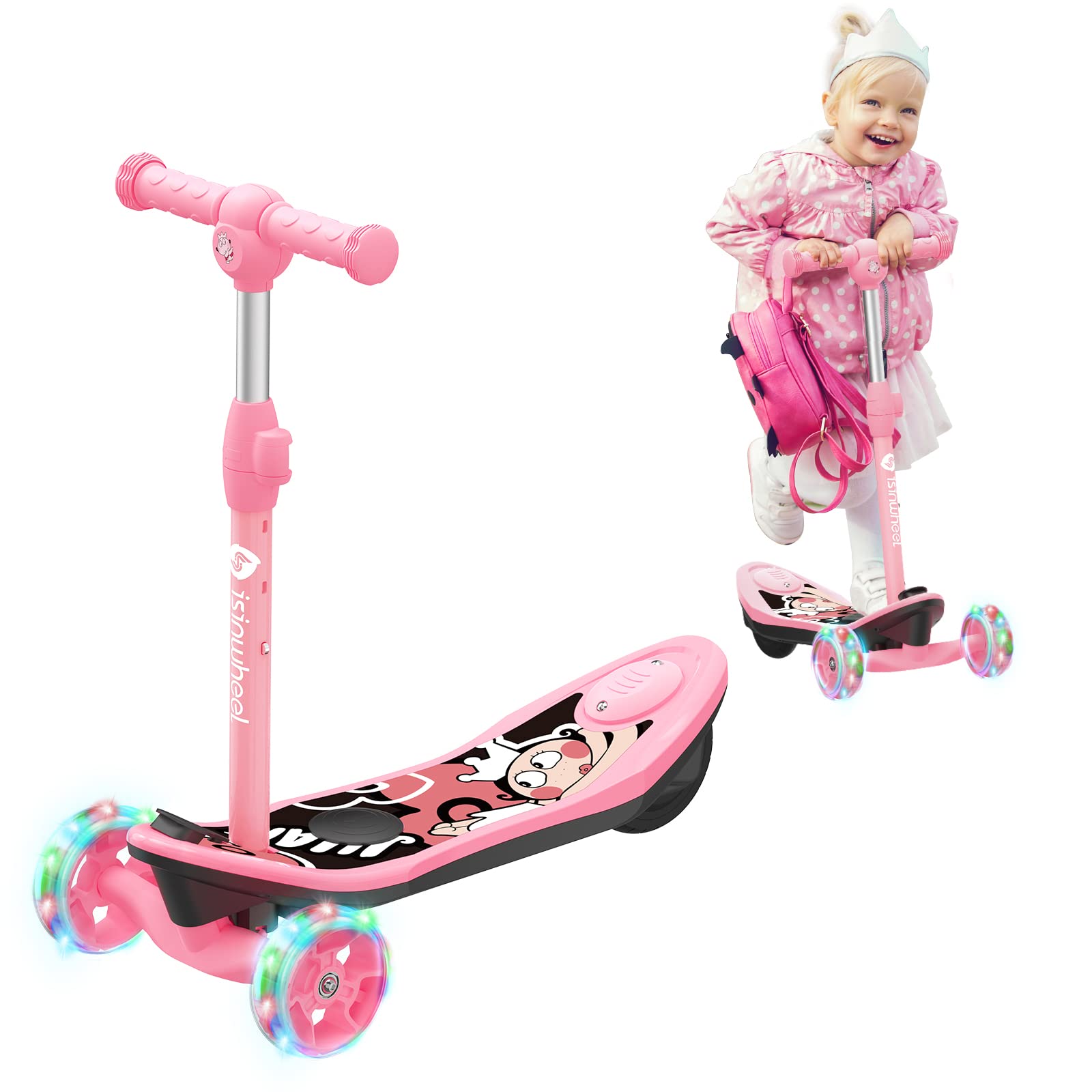 isinwheel Mini Pro Electric Scooter for Kids Ages 3-12, 3-Wheel Electric Scooter for Boys/Girls, Electric Kick Scooter for Kids with Long Battery Life, Flashing LED Wheels, 3 Adjustable Height (Pink)