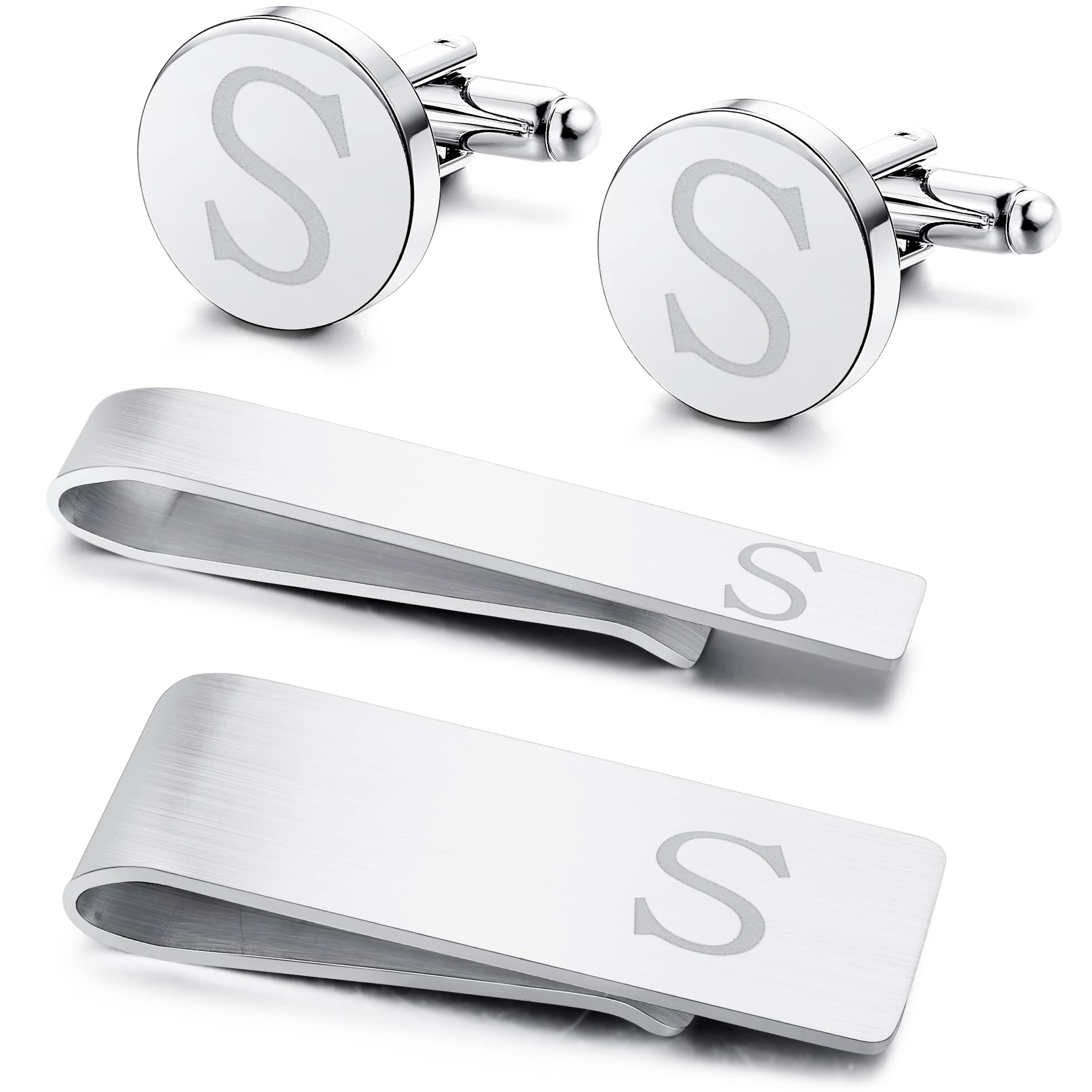 ORAZIOORAZIO 4 PCS Initial Cufflinks and Tie Clips for Men Stainless Steel Personalized Engraved Cuff Links and Tie Bar Money Clip Set Alphabet Letter A-Z with Gift Box for Father Husband