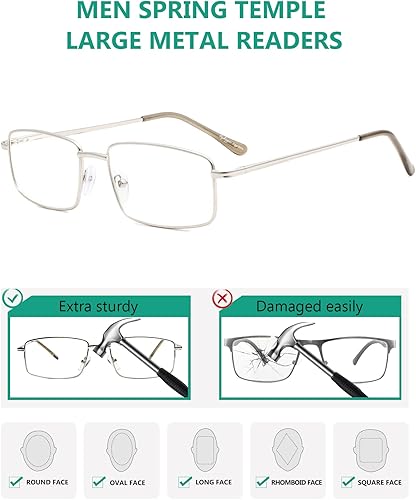 Miniatura 4 de Eyekepper Paquete de 3 lentes de lectura rectangulares de metal con templo de primavera para hombre, color plateado +1.5