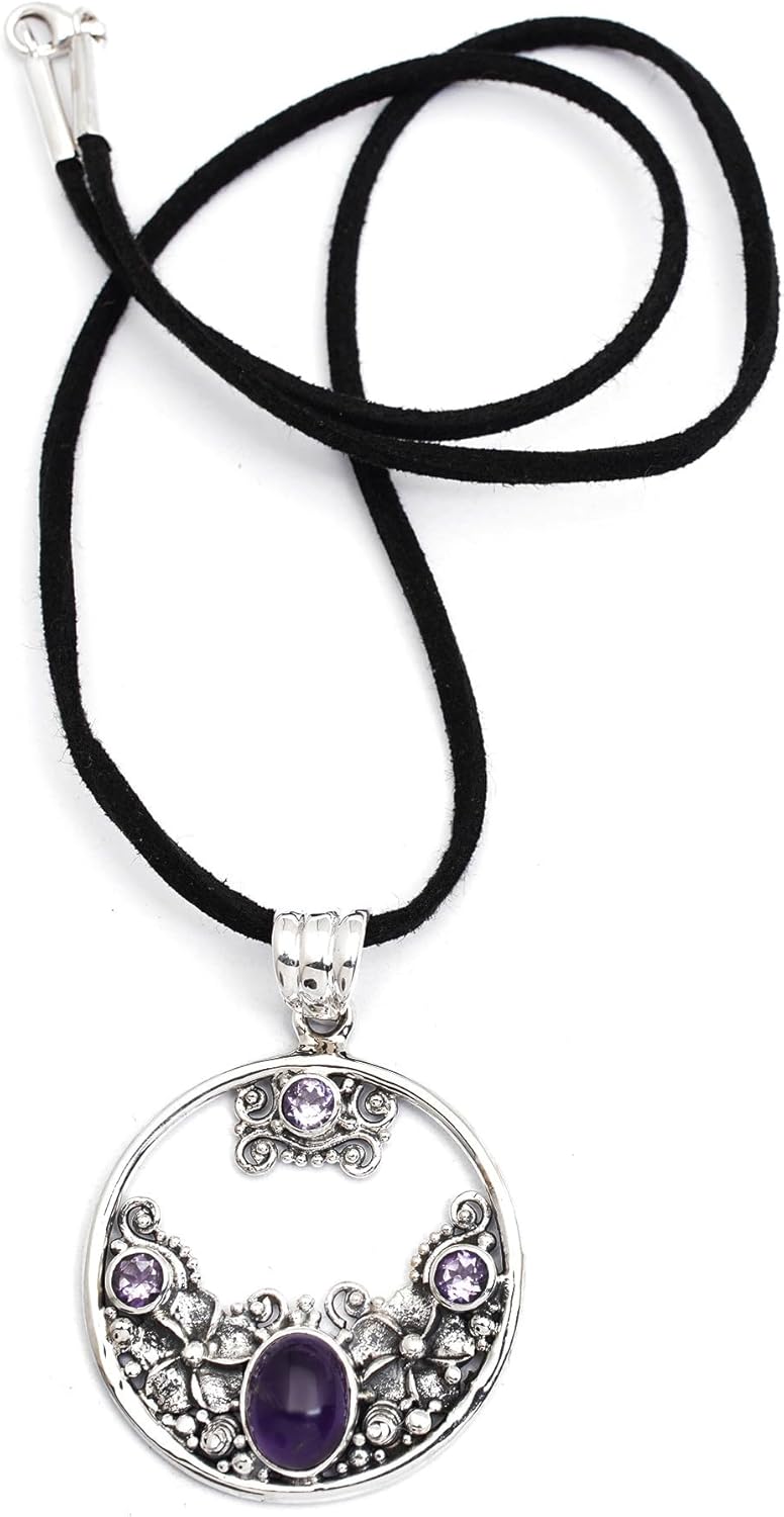 NOVICA Artisan Handmade Amethyst Floral Necklace Sterling Silver Bali Jewelry Purple Pendant Cord Indonesia Mauve Mist Birthstone Moon [cord 18.5 in L 3 mm W Pendant(s) 1.9 in L x 1.3 in W x 0.3 in D] - Image 4