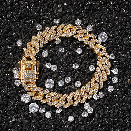 Yomlry Cuban Link Bracelet For Men Women 8/10/12Mm Iced Out Miami Cuban Bracelet Silver Plated Bling Rhinestones Cuban Link Chain Bracelet Hip Hop Cuban Bracelet For Men Women-Gold Rhinestones 7Inch,12Mm #TOP2