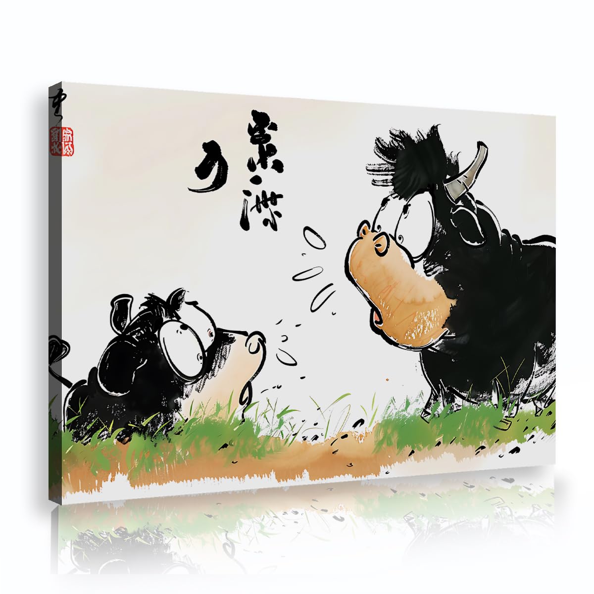 Via Vela Funny Chinese Ink Cow Framed Canvas Prints Playroom Cute Animal Calligraphy Painting Whimsical Pictures Comic Posters for Kids Room Decor 80x120cm