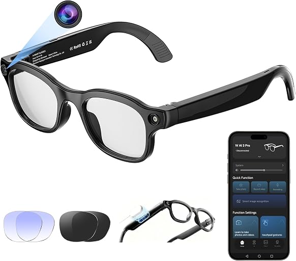AI Smart Glasses with Camera 8MP, 4K Video, Bluetooth Ai Glasses for Men Women, Wireless Charging, Real-Time Translation, Voice Assistant, Object Recognition, Long Battery Life - 3 Lenses