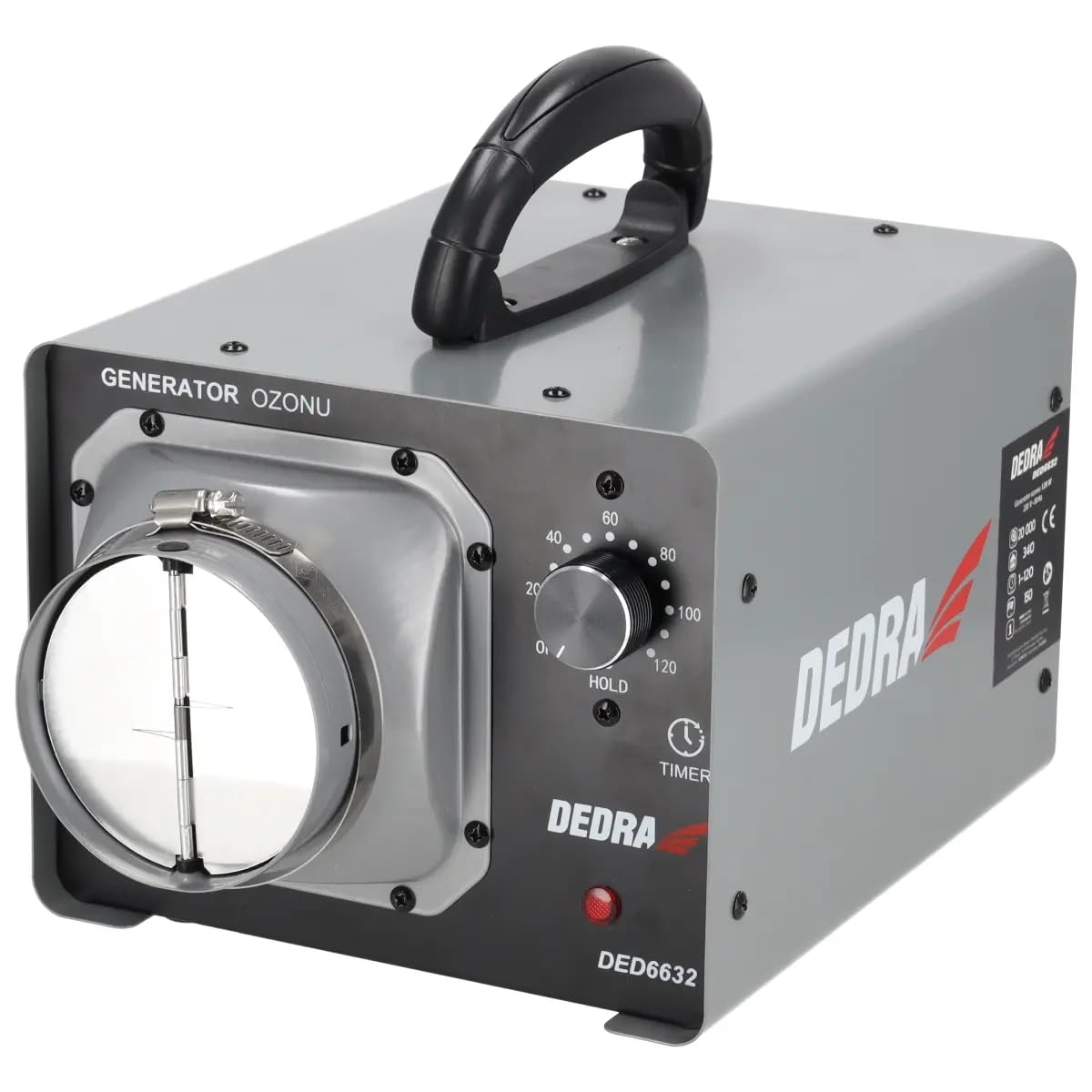 DEDRA DED6632 Générateur d'ozone 20 g/h Désinfection Ventilateur intégré Tuyau flexible Minuterie automatique