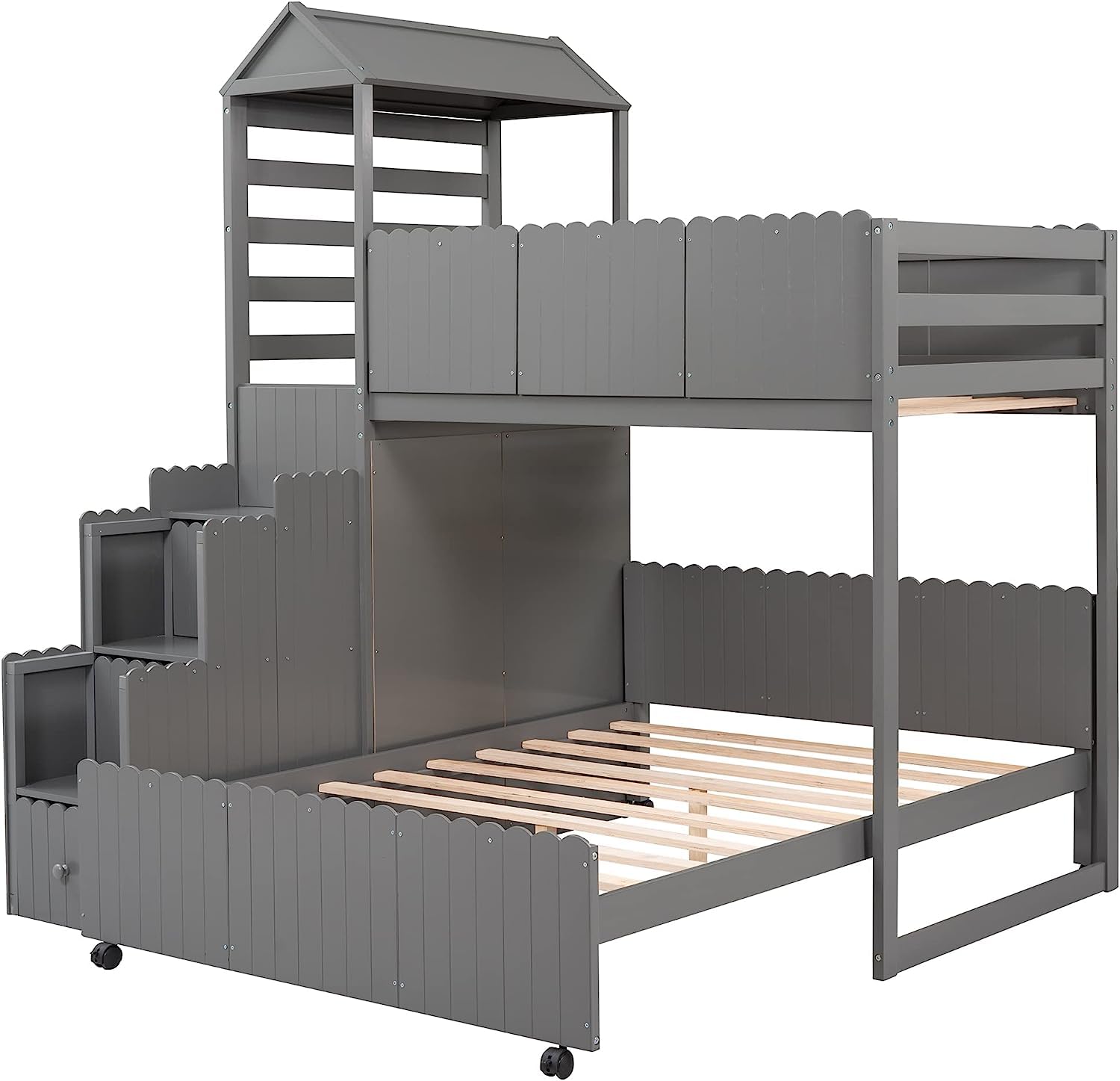 MERITLINE Bunk Beds Twin Over Full with Stairs, House Bunk Beds with 7 ...