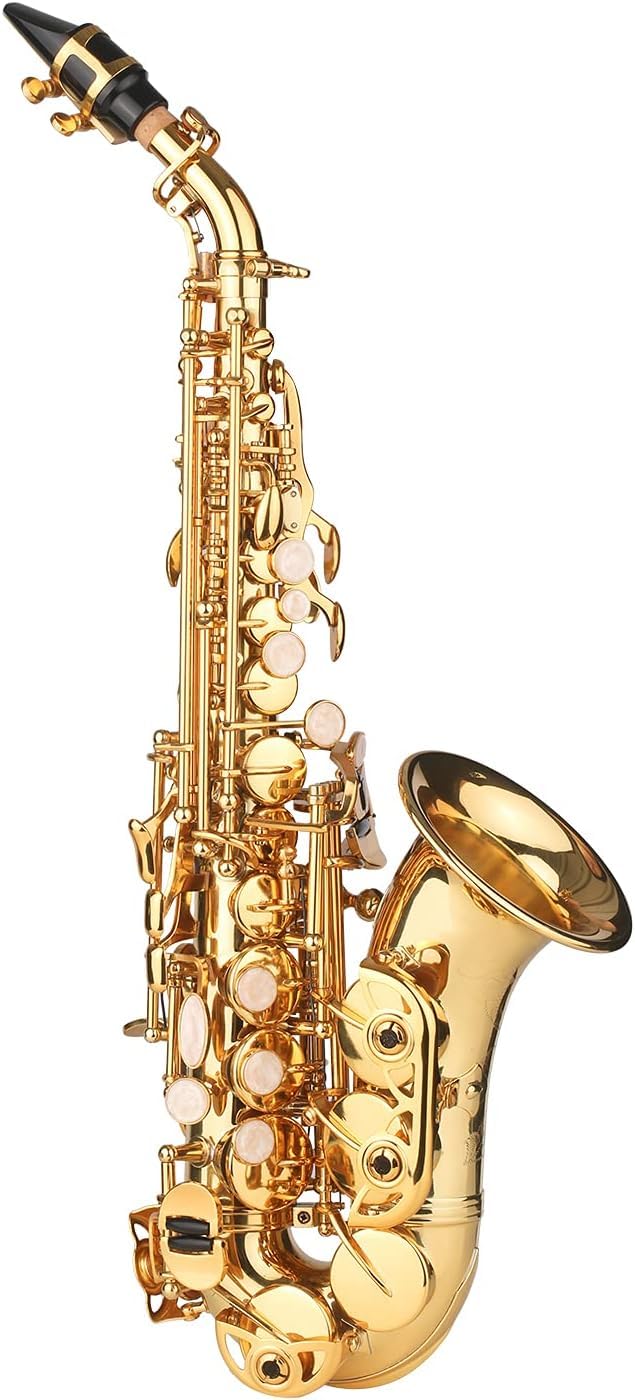 Sassofono, Sassofono Soprano in SIB Lacca Dorata Sax in Ottone con Custodia per Strumento Bocchino Tracolla Panno per Pulizia Spazzola per Musicisti Principianti