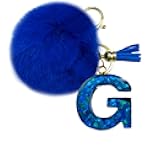jtkdxqs A-Z letter key chain Royal Blue with Ball Pom pom keychain for Women Accessories
