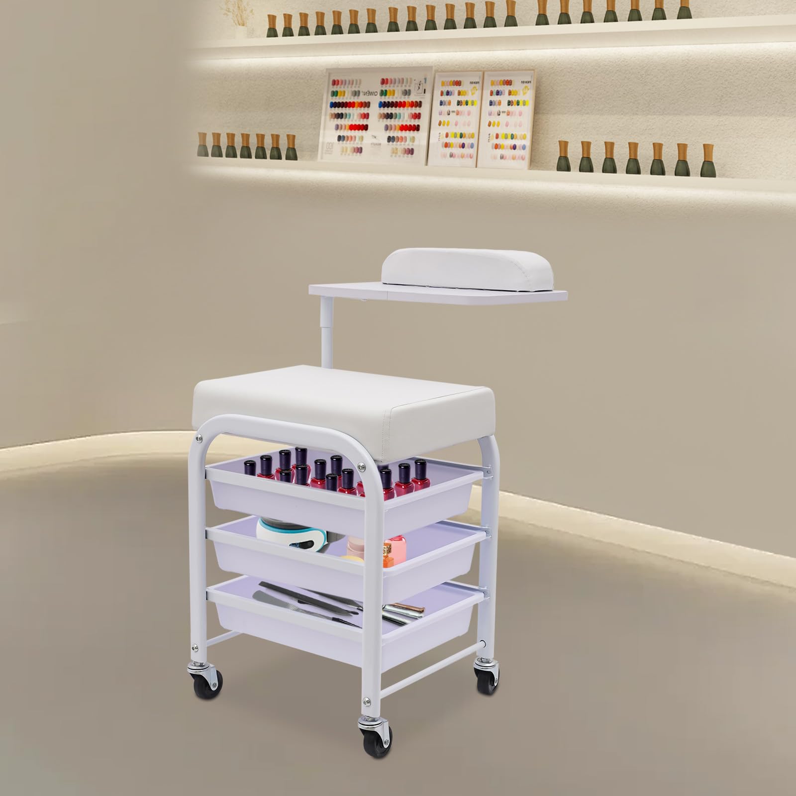 Wielofunkcyjny wózek kosmetyczny, wózek do salonu paznokci, 3 szuflady, obracany o 360°, ciche, gumowane kółka, dużo miejsca do przechowywania kosmetyków i przyborów do paznokci