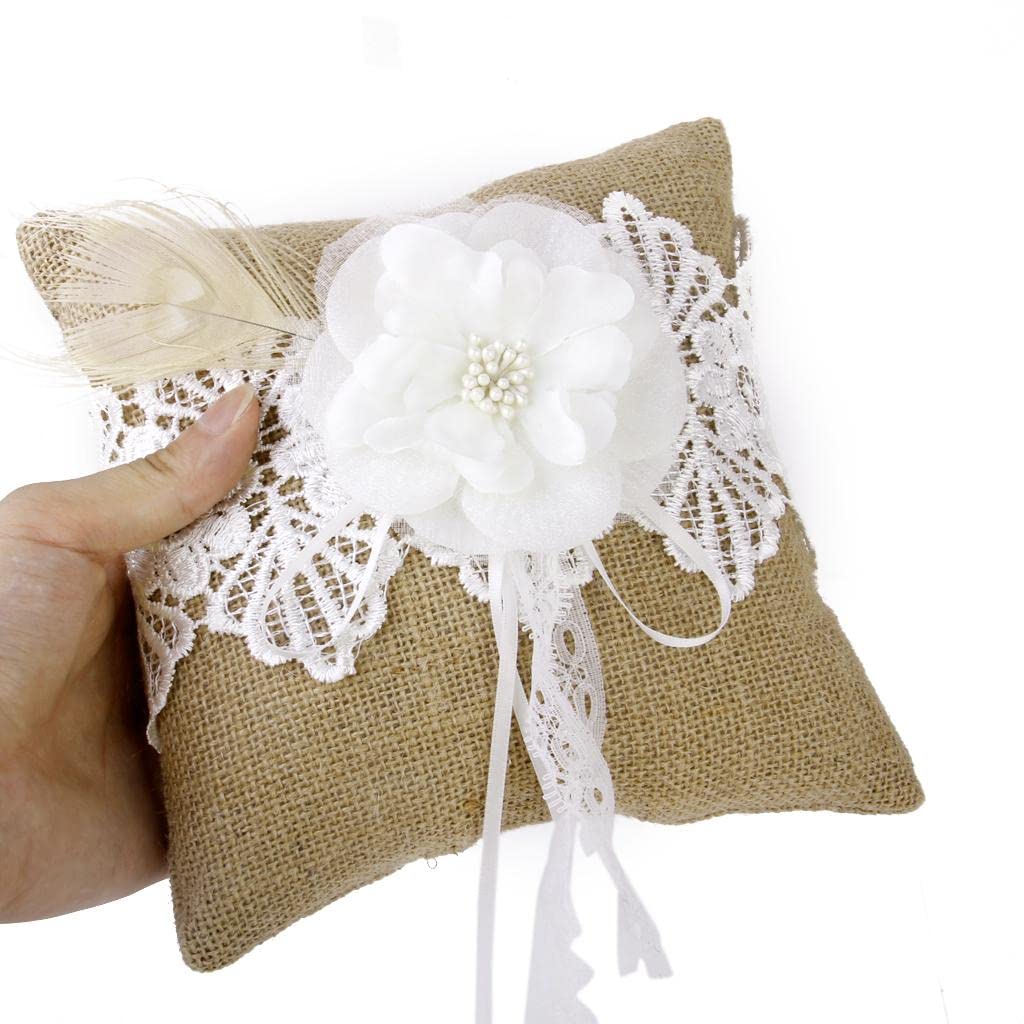 10 Satz Vintage Sackleinen Pfau Feder Spitze Rustikal Hochzeit Ringkissen 20 cm