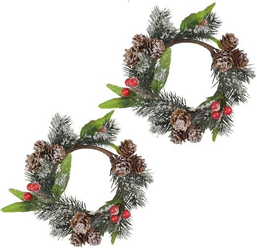 Christmas Candle Ring 2pcs Small Artificial Red Berry Pinecones Wreath Candle Holder Rings Centerpiece Christmas Table Decoration (Red)