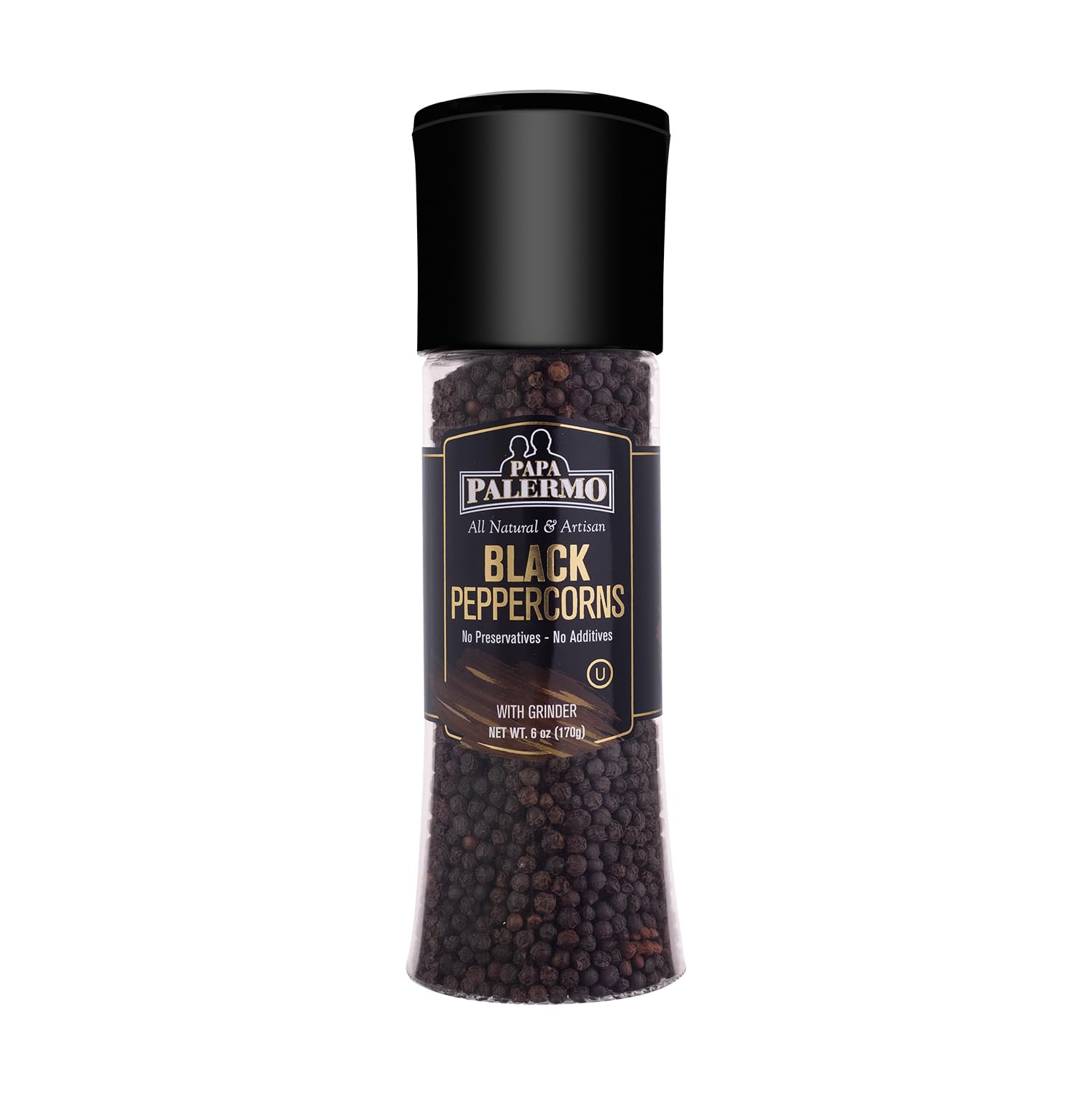 Papa Palermo Black Peppercorn with Grinder, Kosher, All Natural, No Additives, 6oz