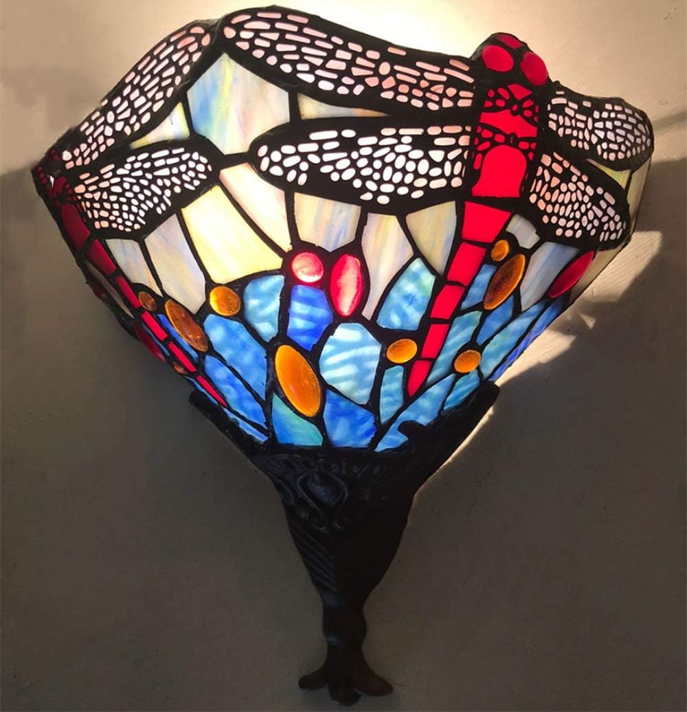 ANYE Dragonfly Handmade Glass Lampshade Wall Sconces with UL Plug-in Button Cord Tiffany Style Decor Half Cover Retro Lights Fixtures for Kitchen Restaurant Bulb Sold Separately