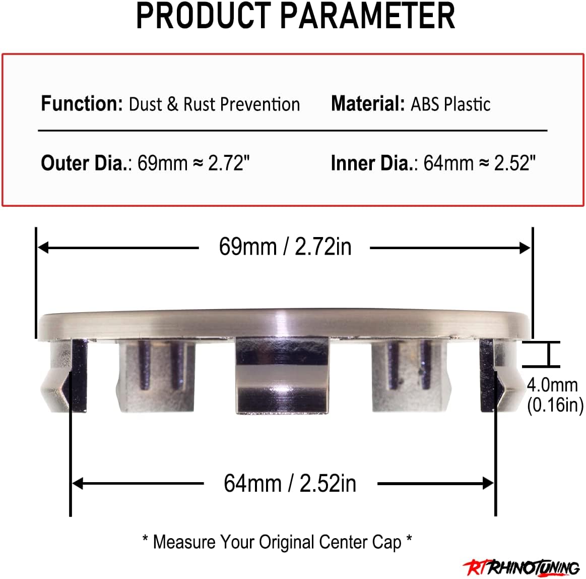 RTRHINOTUNING 69mm Wheel Center Caps Compatible with BMW E90 2004-2008 E87 2006-2011#36131180419 36136783536 Replacement, 4pcs 69mm(2.72in)/64mm(2.52in)
