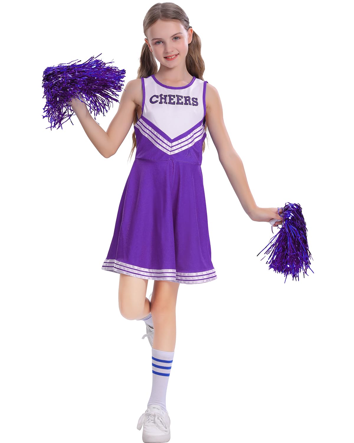DivingBirds Cheerleader Halloween Costume Kids 5Pcs Girls Cheer Leader Costume School Cheerleading Outfits with Sock & Poms