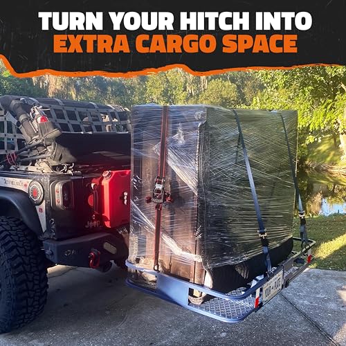 Mockins 60\"x30\"x6\" Navy Folding Cargo Hitch Carrier & 30 CuFt Trailer Hitch Cargo Carrier Bag | 500Lbs Cap Folding Luggage Rack with Waterproof Luggage Bag for Truck Bed, License Plate Bracket & More