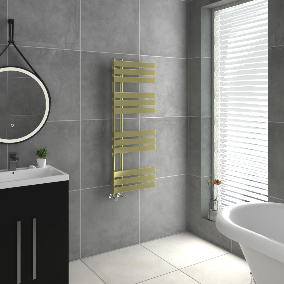 Warmehaus Brushed Brass Designer Heated Towel Rail D Shape Bathroom Ladder Style Radiator Warmer Central Heating 1200X450mm