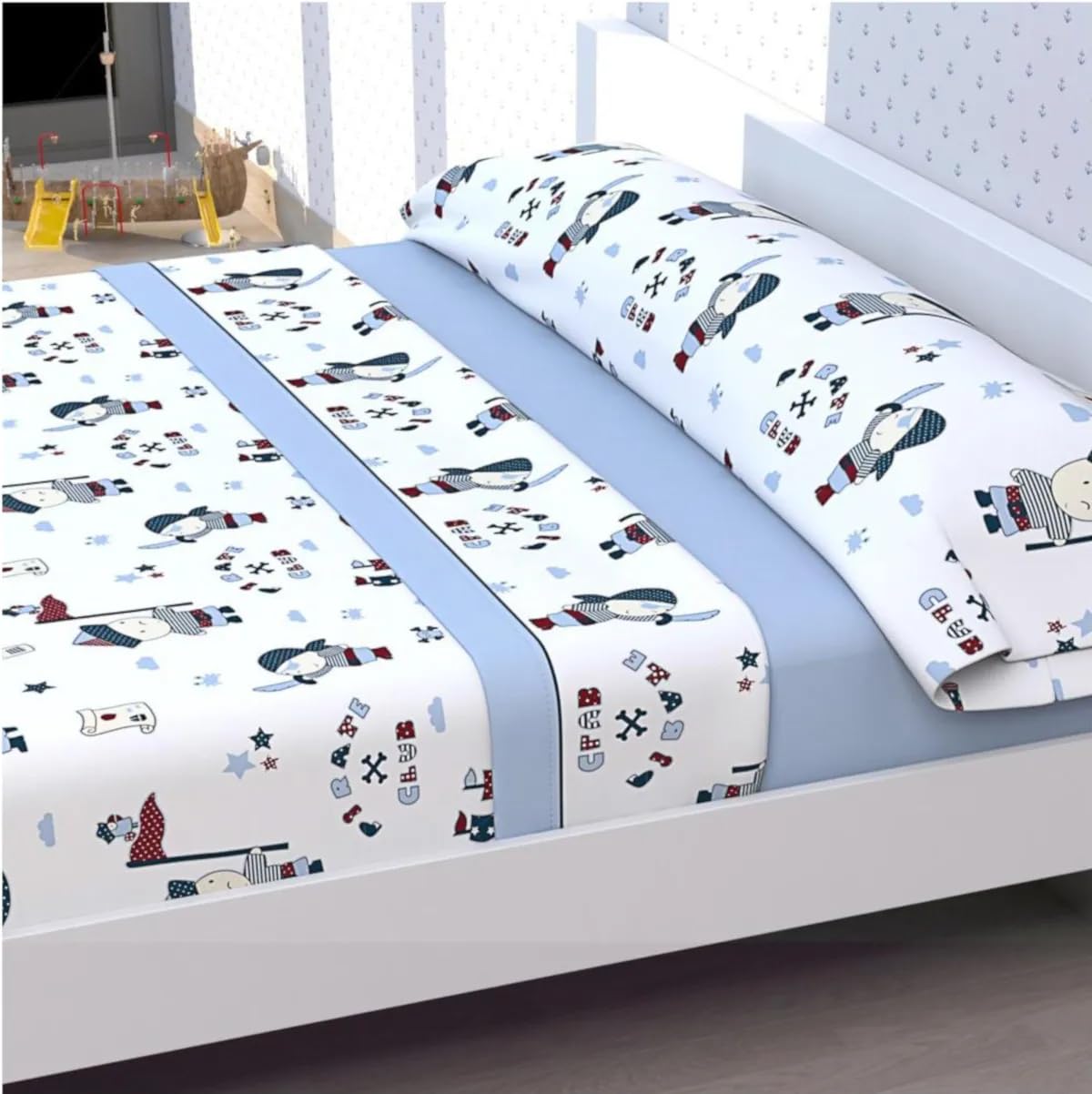 Mapuca Juego de Sábanas Invierno Infantil de Franela Modelo Robot y Pirata. Medidas para Cama de 90cm y 105cm. Composición: 80% Algodón 20% Poliéster (Pirata, Cama 90cm)