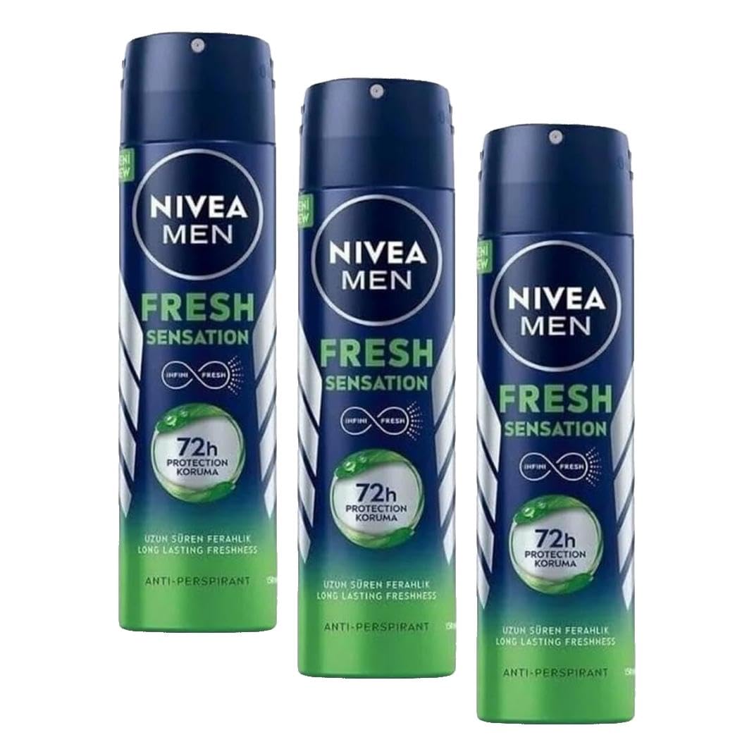 NIVEA MEN Erkek Sprey Deodorant Fresh Sensation 150 ml, Ter ve Ter Kokusuna Karşı 72 Saat Anti-perspirant Koruma, Ferah Koku (3 paketi)