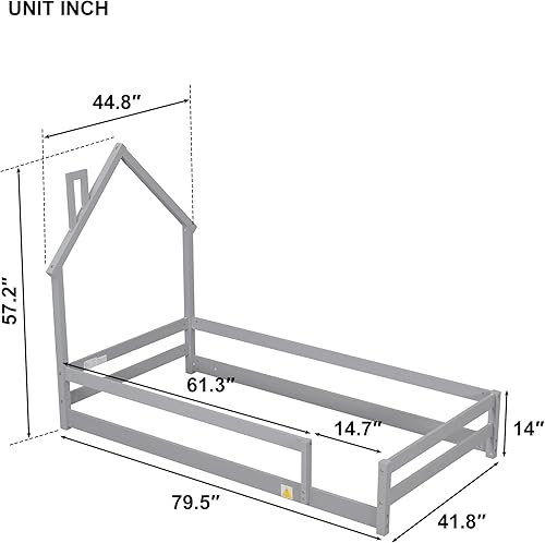 Miniatura 2 de Cama de suelo Montessori individual, marco de cama de tamaño individual con cabecero y cercas en forma de casa, cama de piso individual para niños,