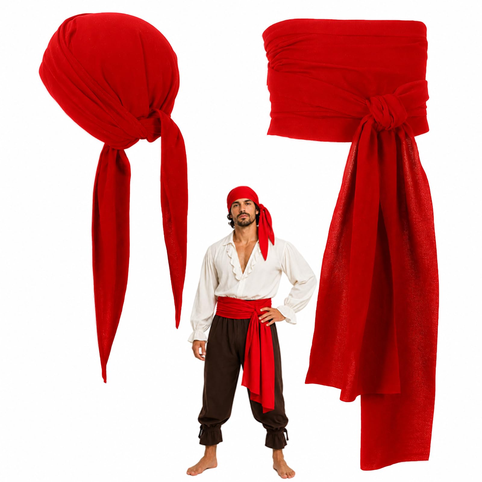Red Linen Pirate Headband & Belt Set, Medieval Renaissance Accessories