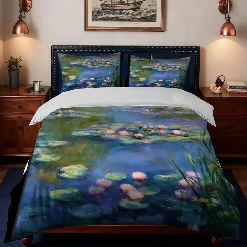 Parure de lit étang de pêche et housse de couette 150x200 motif peinture à l'huile 3 pièces
