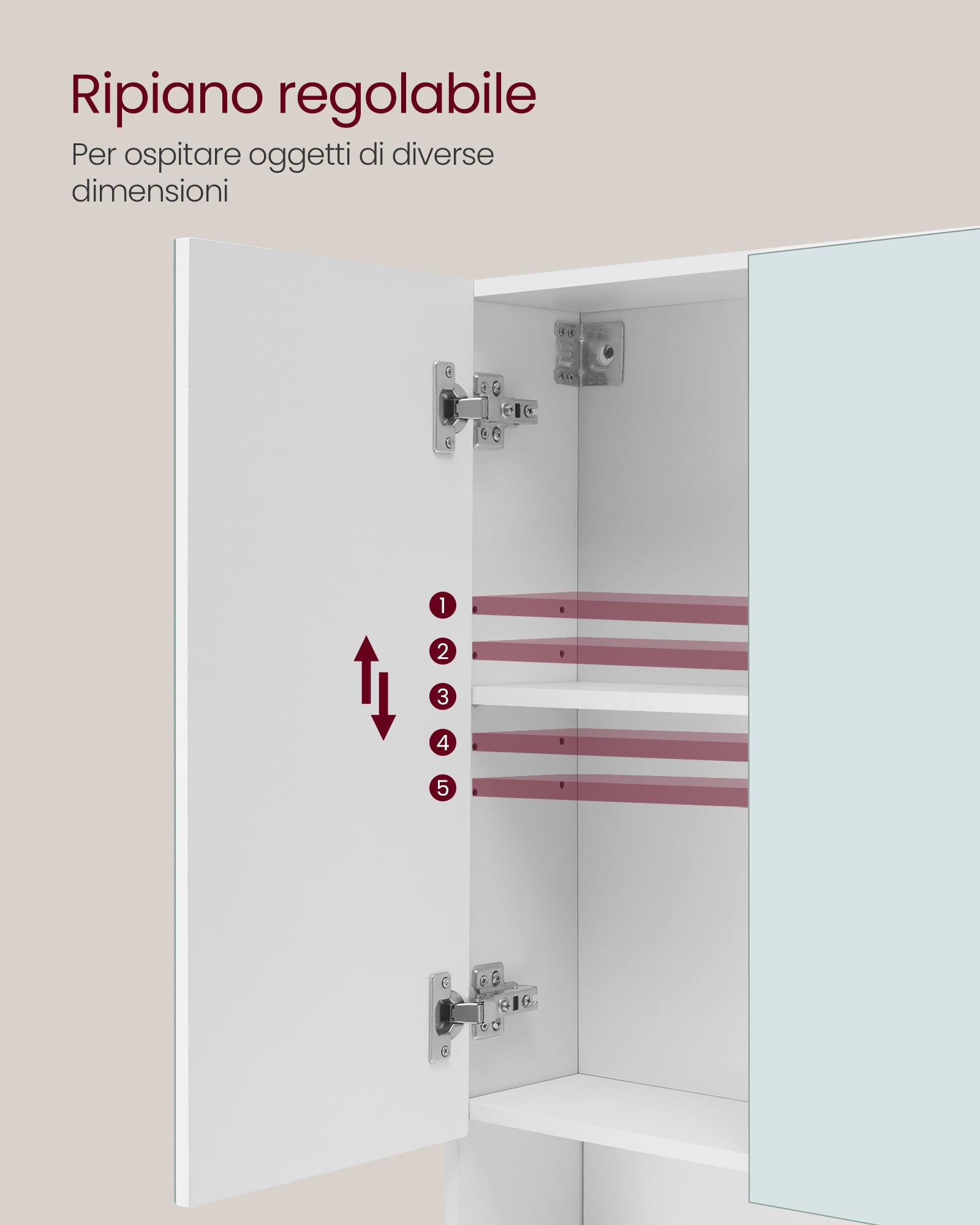 VASAGLE KAILYN Collezione - Armadietto Bagno da Parete con Ante a Specchio, Mobiletto Pensile Bagno, Ripiani Regolabili, Stile Moderno, 16,5 x 90 x 75 cm, Bianco Nuvola BBK130W01