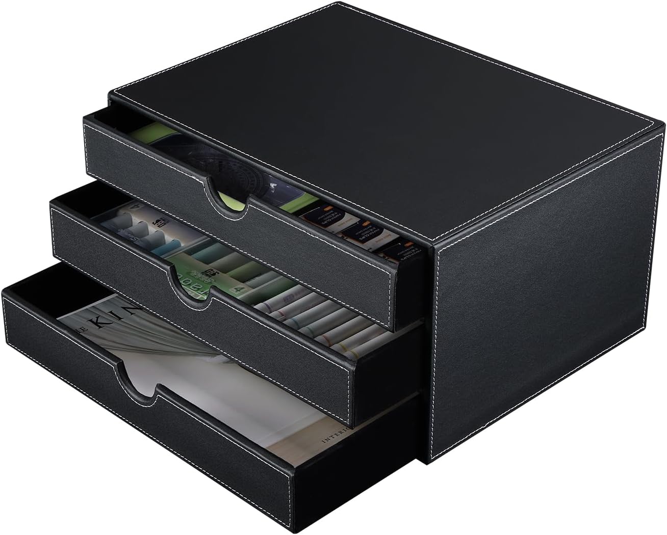 KINGFOM 33x25 cm 3-Drawer Triple Wood Structure&Leather Desk Table File Storage Box Organizer Container, Black