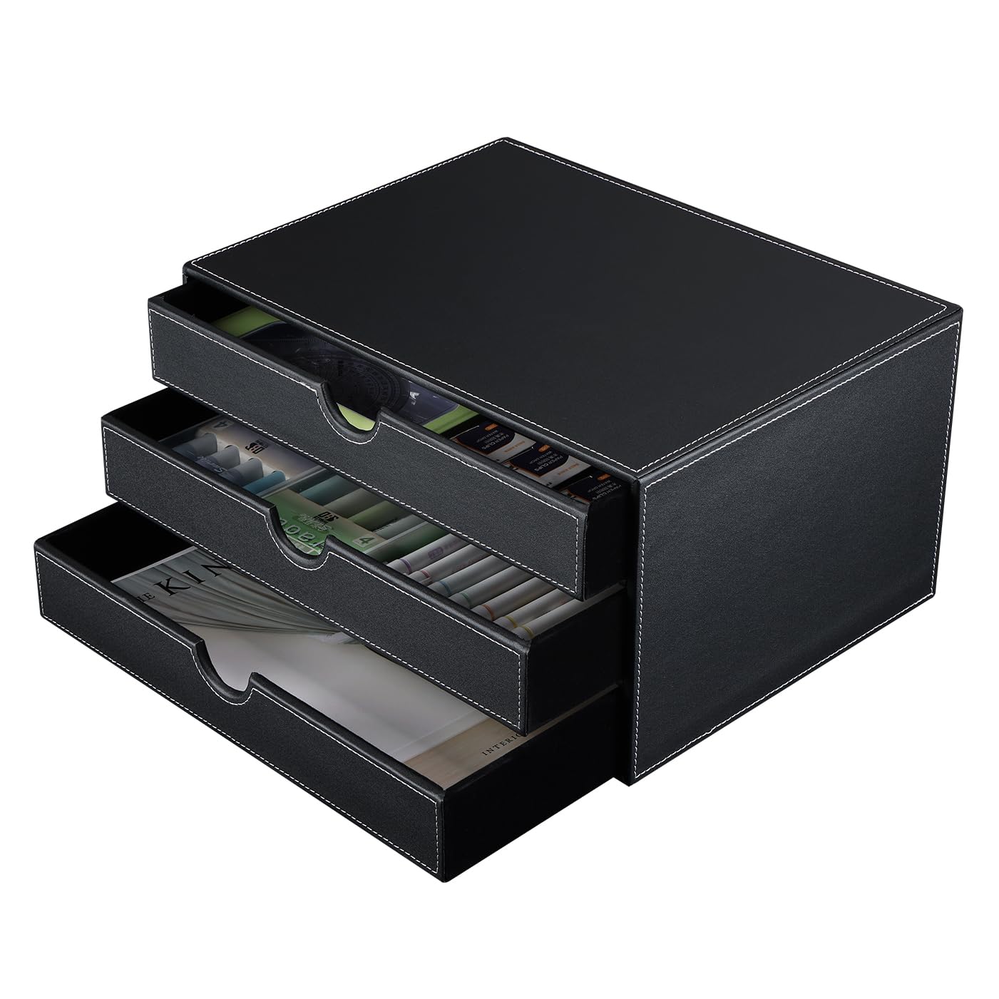KINGFOM™ Holzstruktur Leder Schubladenbox (Stile C - Schwarz)