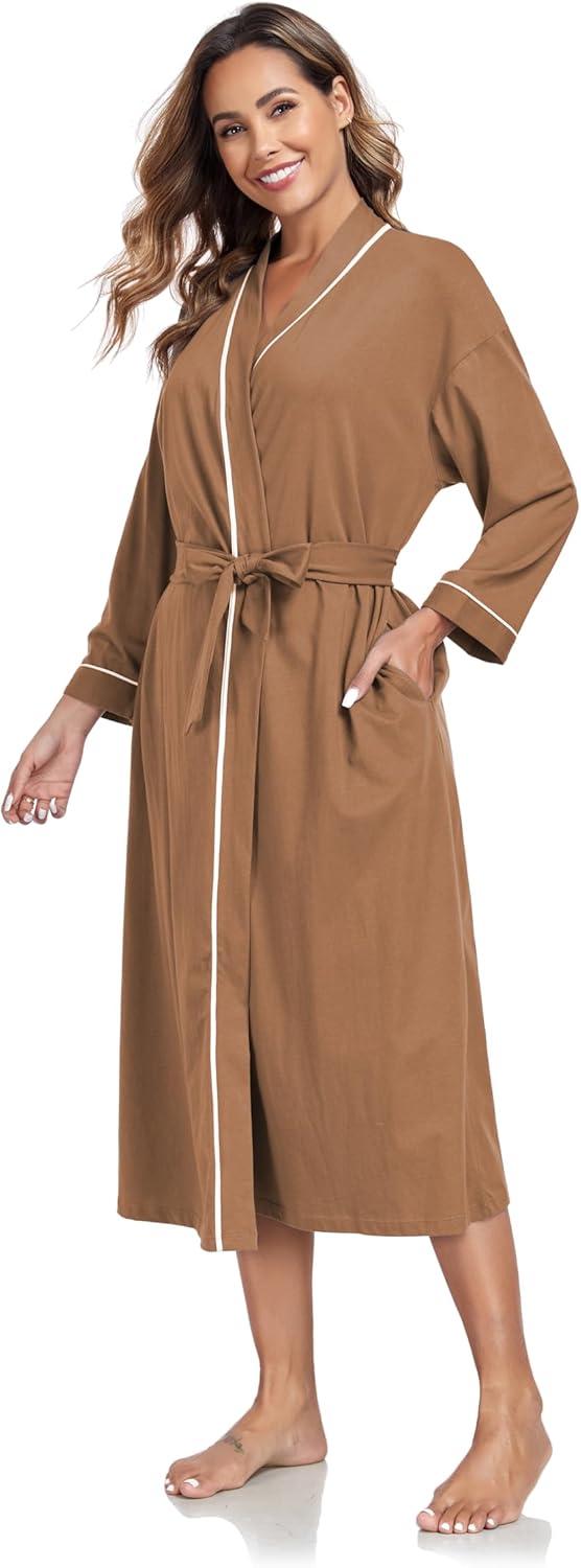 COLORFULLEAF Women's 100% Cotton Robes Lightweight Long Bathrobe Kimono Robe for Women Soft Loungewear with Pockets - Image 4
