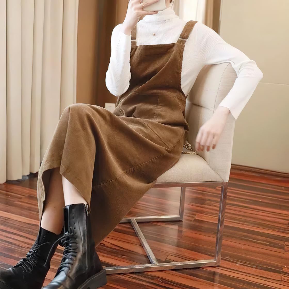 chouyatou Womens Cute Corduroy Adjustable Strap Overall Dress fringe Pinafore Baggy Maxi Long Tank Dress - Image 6