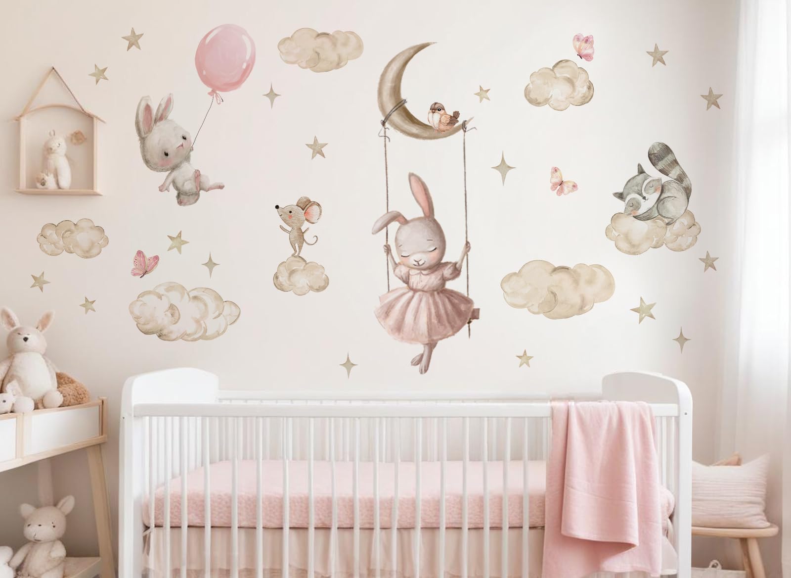 Wandtattoo Hase Aquarell Wandsticker für Babyzimmer Tiere Luftballon Wandaufkleber Mädchen Kinderzimmer Wanddeko Spielzimmer DK1127-04