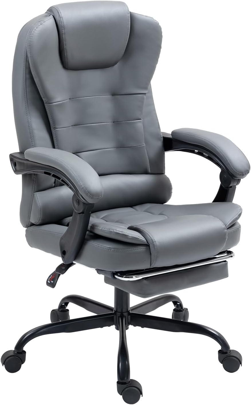 Big and Tall Executive Office Chair with Footrest, Ergonomic Reclining Swivel Computer Chair, High Back Home Office Chair with Lumbar Support, Height Adjustable, Padded Armrests, Rolling, Gray