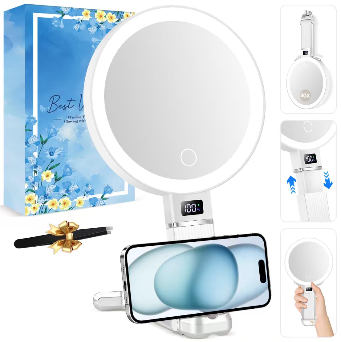30X Magnifying Mirror With Light, Rechargeable Travel Magnifyin Mirror with Battery Display, Height Adjustable Makeup Mirror, 3 Color LED Lights for Tweezing, Eyebrows, Facial Hair & Precise Makeup