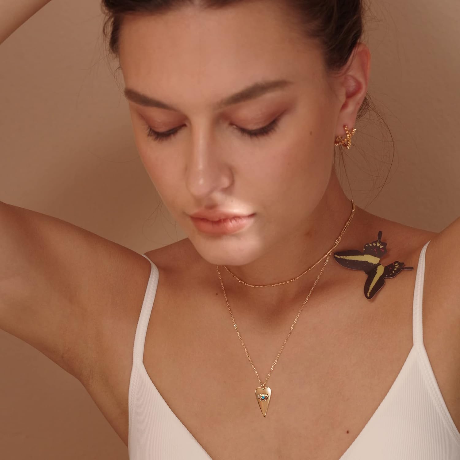 MEVECCO Layered Heart Necklace Pendant Handmade 18k Gold Plated Dainty Gold Choker Arrow Bar Layering Long Necklace for Women - Image 3