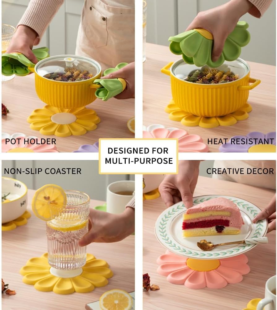 3PCS Daisy Trivet for Hot Pots and Dishes, 6.7 Inch Round Flexible Silicone Pot Holders Hot Pads, Anti-Slip Coaster, Heat Resistant Mat Multi-Use Creative Placemat (3PCS-Purple)