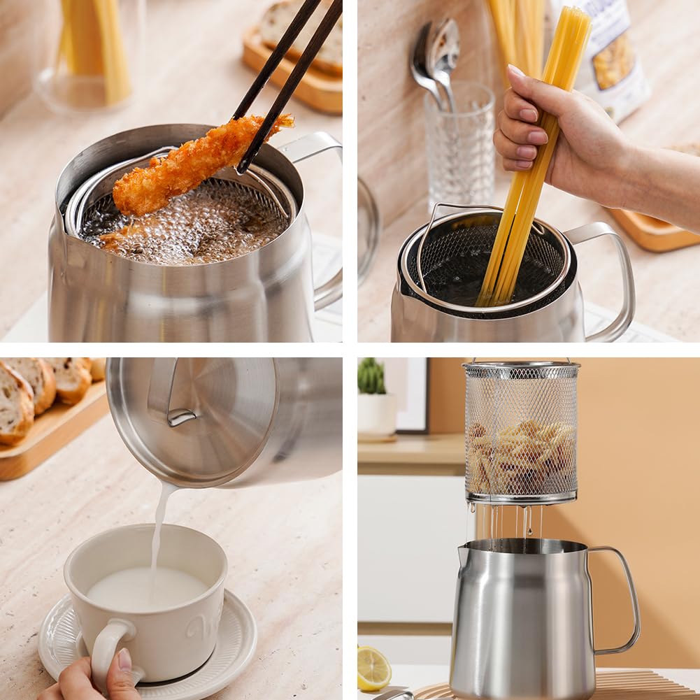 DASIAUTOEM Olla para freír con cesta, mini olla para freidora, depósito de grasa, filtro de malla fina, recipiente para grasa, filtro de grasa con asa, olla de filtro de aceite de 2 litros para asar