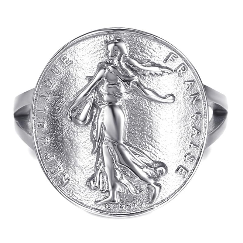 BOBIJOO Jewelry - Bague Chevalière Femme Cintrée Pièce Franc Semeuse Marianne Acier 316L Argenté République Française - 50 (5 US)
