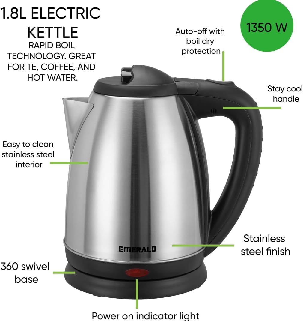 Emerald Stainless Steel Electric Kettle Water Boiler Heater Tea Kettle, 1.8 L, Silver