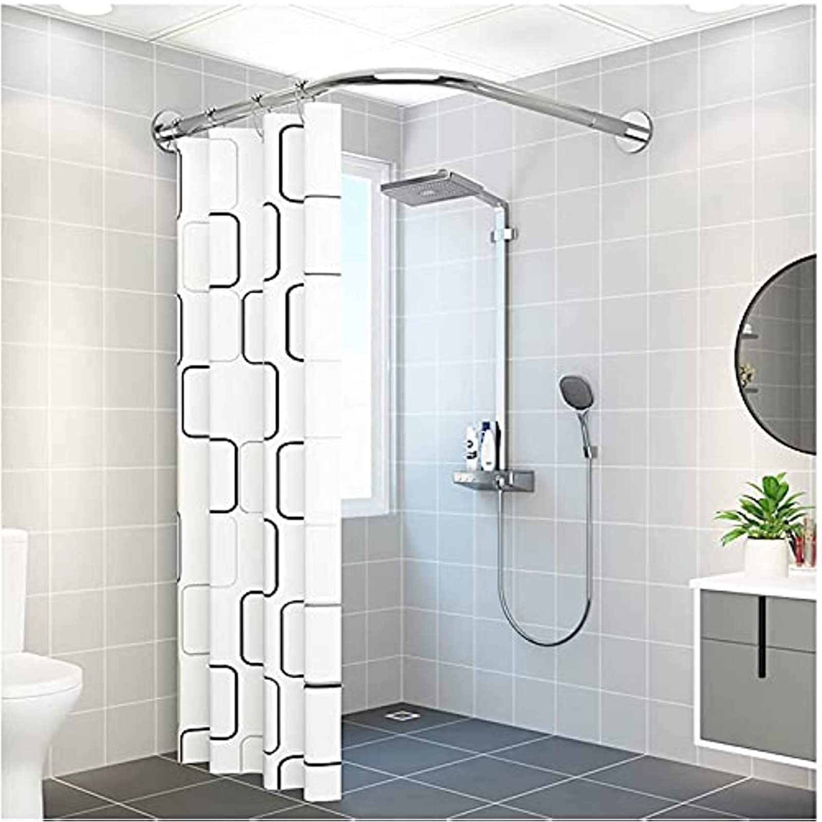 Barra de cortina de ducha de esquina en forma de L, extensible, curvada, sin taladro, colgador de acero inoxidable para esquina de bañera, barra de cortina duradera y elegante, perfecta para espacios