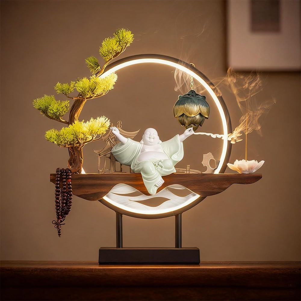 Statua del Buddha Maitreya, bruciatore di incenso con luce LED regolabile, portafortuna, grande, per soggiorno, decorazione creativa per la cerimonia del tè, Fe
