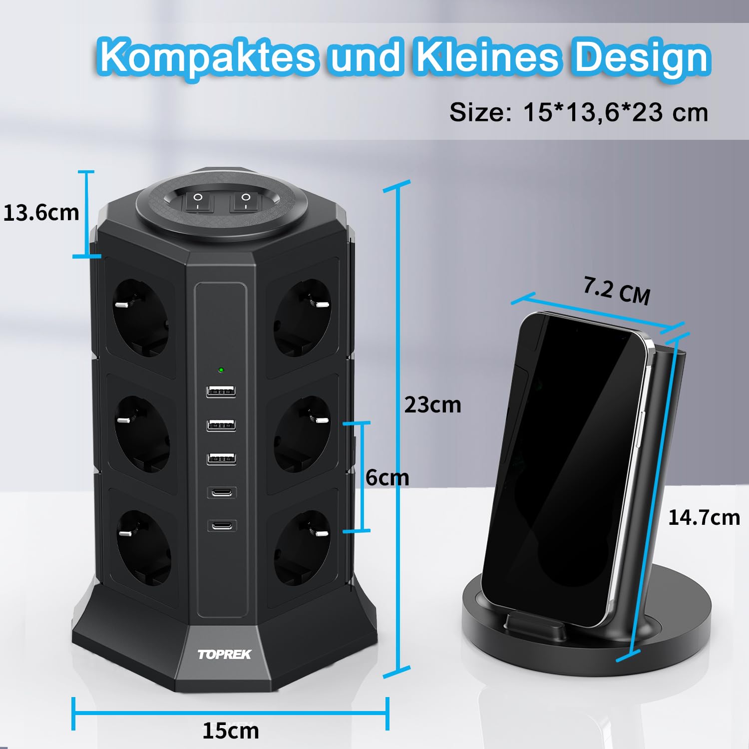 TOPREK Mehrfachsteckdose 12 Fach, mit Überspannungsschutz USB C Schalter